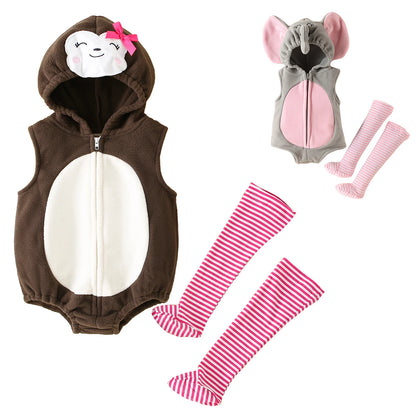 Baby Hooded Elephant/Monkey Sleeveless Zipper Romper (Age 9M-3 YRS)