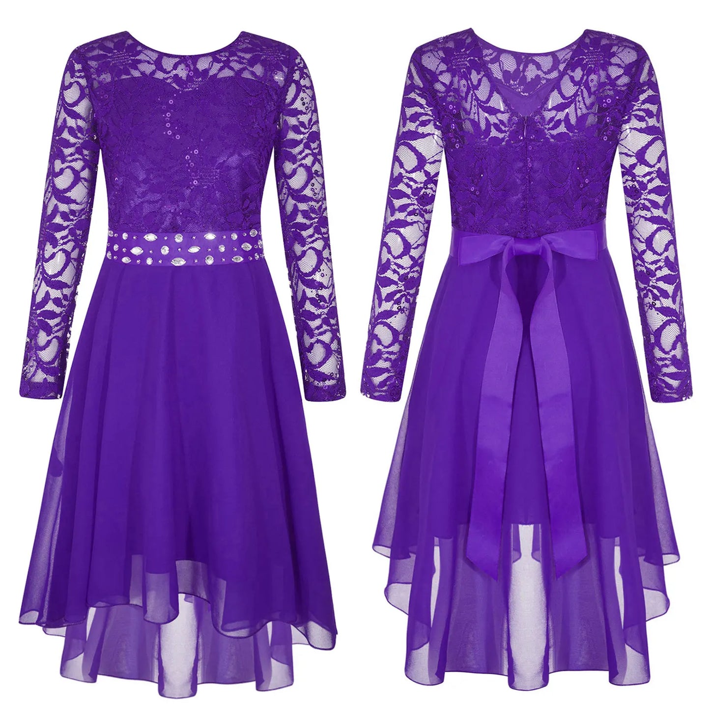 Girls Lace Chiffon Long Sleeve High-Rhinestone Sash Dress (Age 6-16 YRS) Purple