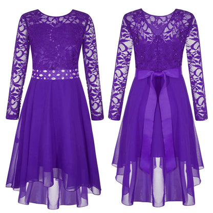 Girls Lace Chiffon Long Sleeve High-Rhinestone Sash Dress (Age 6-16 YRS) Purple