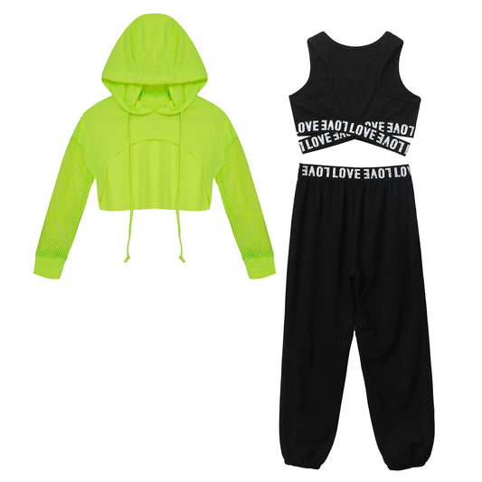 Girls Hip Hop Long Sleeve Drawstring Hooded Tops with Crop Top Pants Tracksuit (Age 6-14YRS)