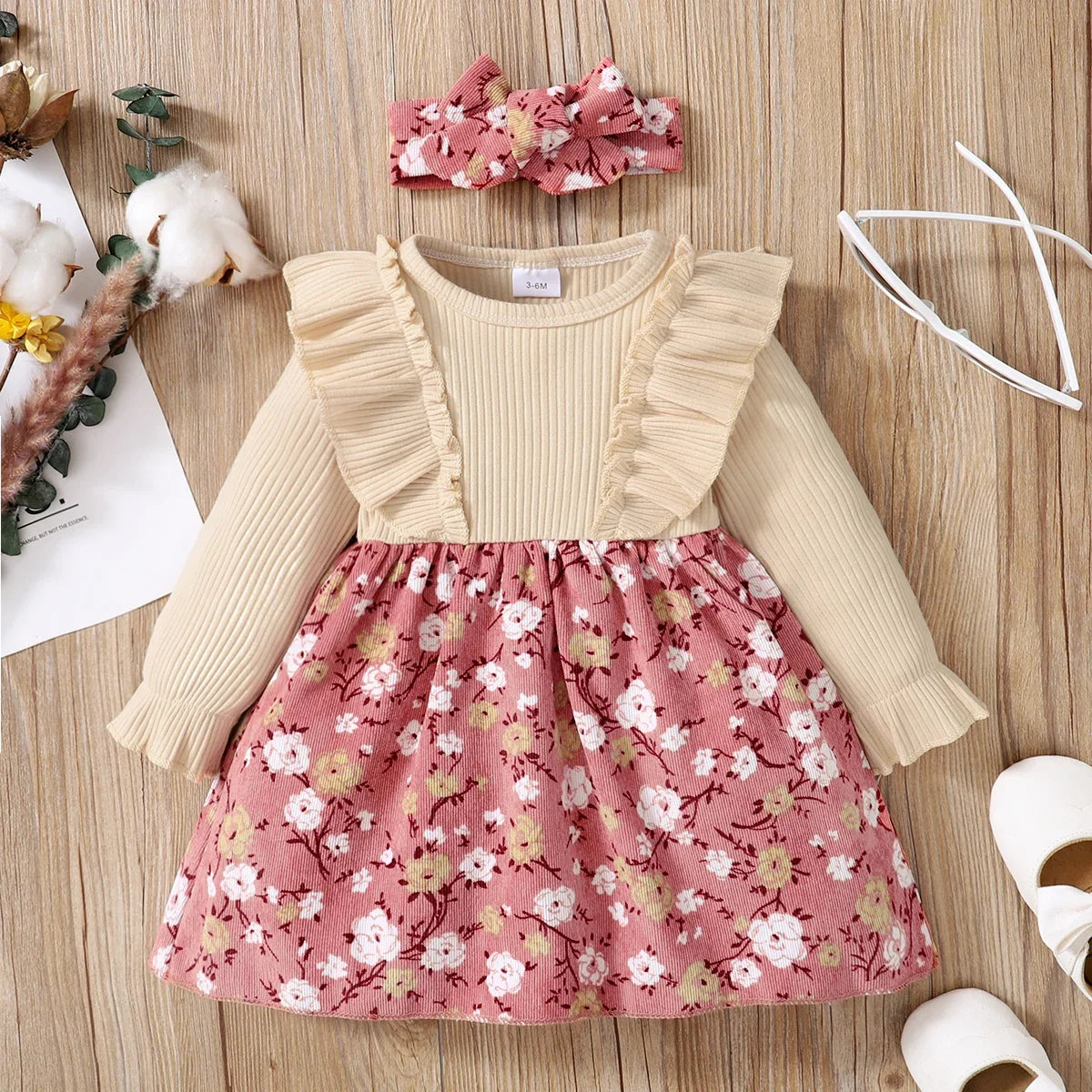 Baby Girls Ribbed Ruffle Long-sleeve Floral Print Dress (Age 3M-3YRS) Pink