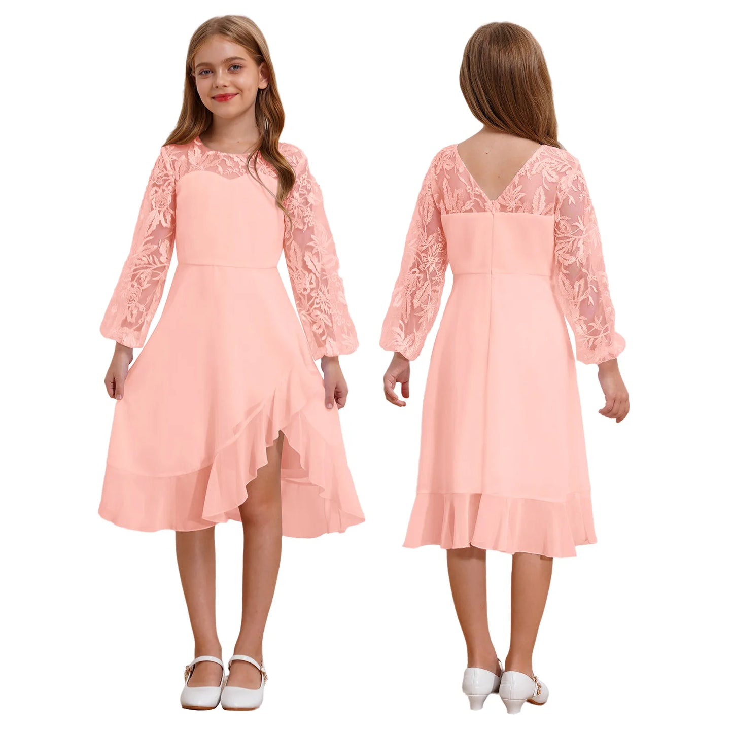 Girls Chiffon Long Sleeve High Waist Mesh Embroidery Dress (Age 8-16 YRS) Pink