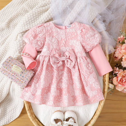 Baby Girls Floral Bow Puff-Sleeve Dress (Age 3M-24M) Pink