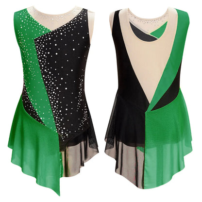 Rhinestone Gymnastics Figure Skating Dress for Teen Girls Sleeveless Sheer Mesh Tutu Ballet Leotard Lyrical Performance Costume Green A