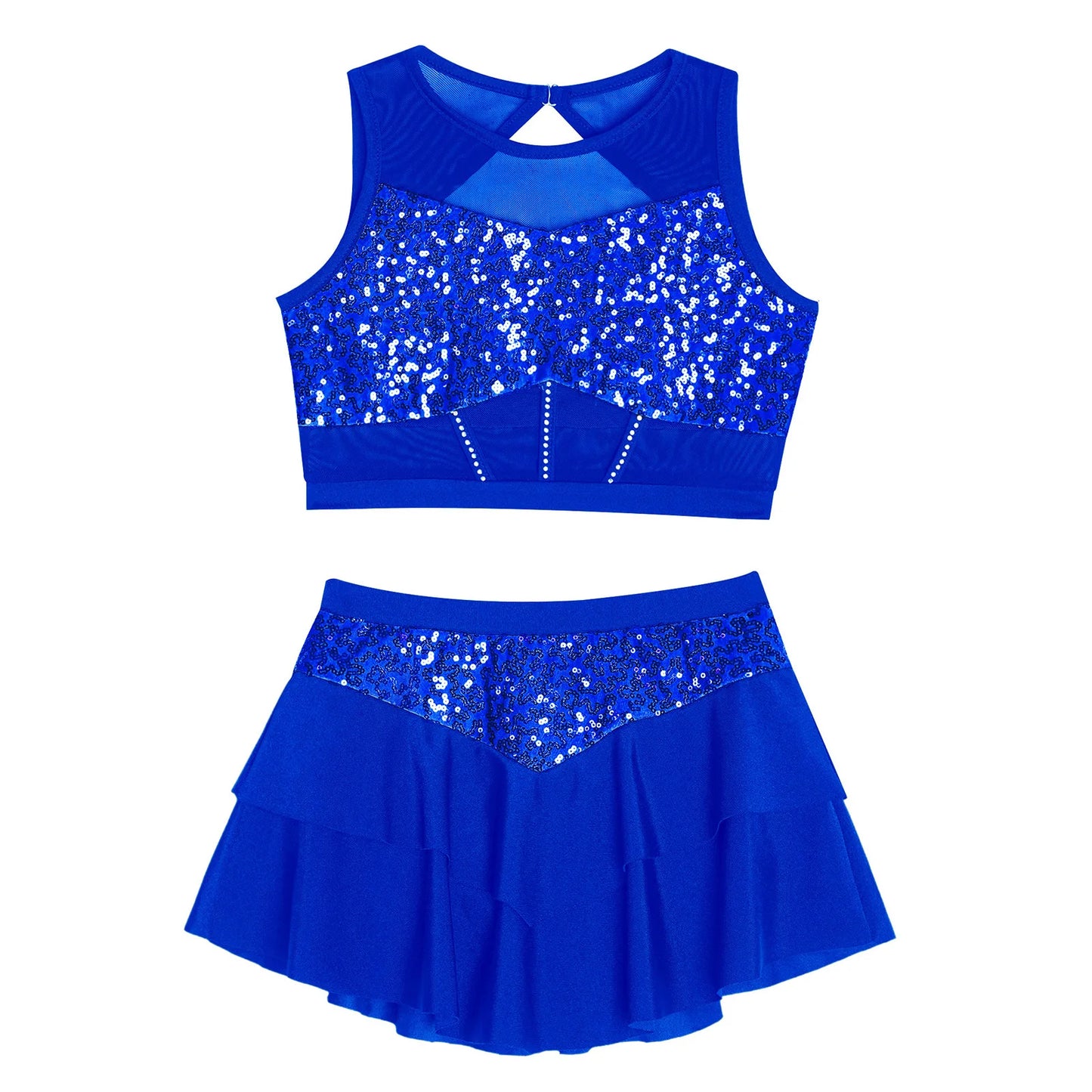Girls Sequin Sheer Mesh Crop Top & Tiered Skirt Set (Age 6-16YRS)