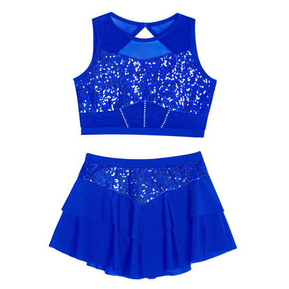 Girls Sequin Sheer Mesh Crop Top & Tiered Skirt Set (Age 6-16YRS)