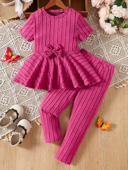 Girls' two-piece set, short sleeved pants set, solid color bow accessory skirt, two-piece set of top and pants, girls' set