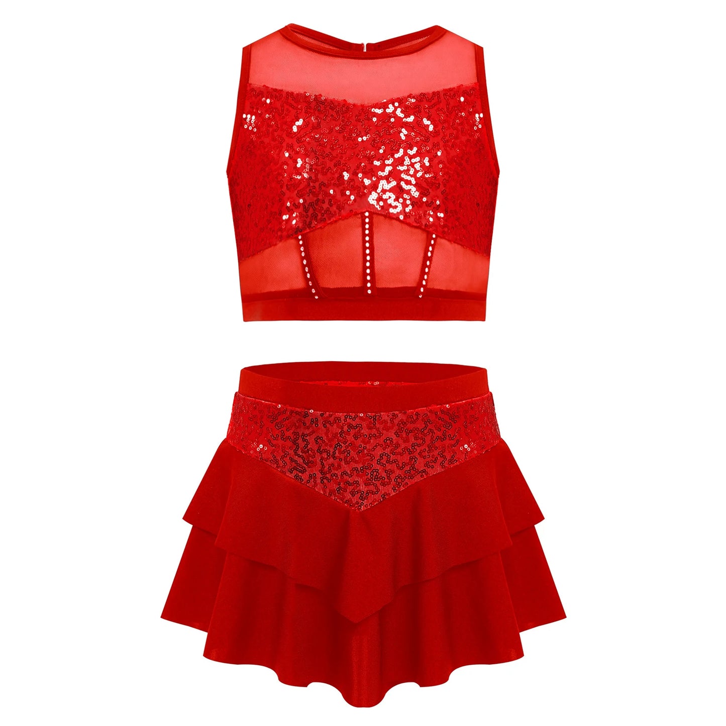 Girls Sequin Sheer Mesh Crop Top & Tiered Skirt Set (Age 6-16YRS)