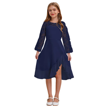 Girls Chiffon Long Sleeve High Waist Mesh Embroidery Dress (Age 8-16 YRS)