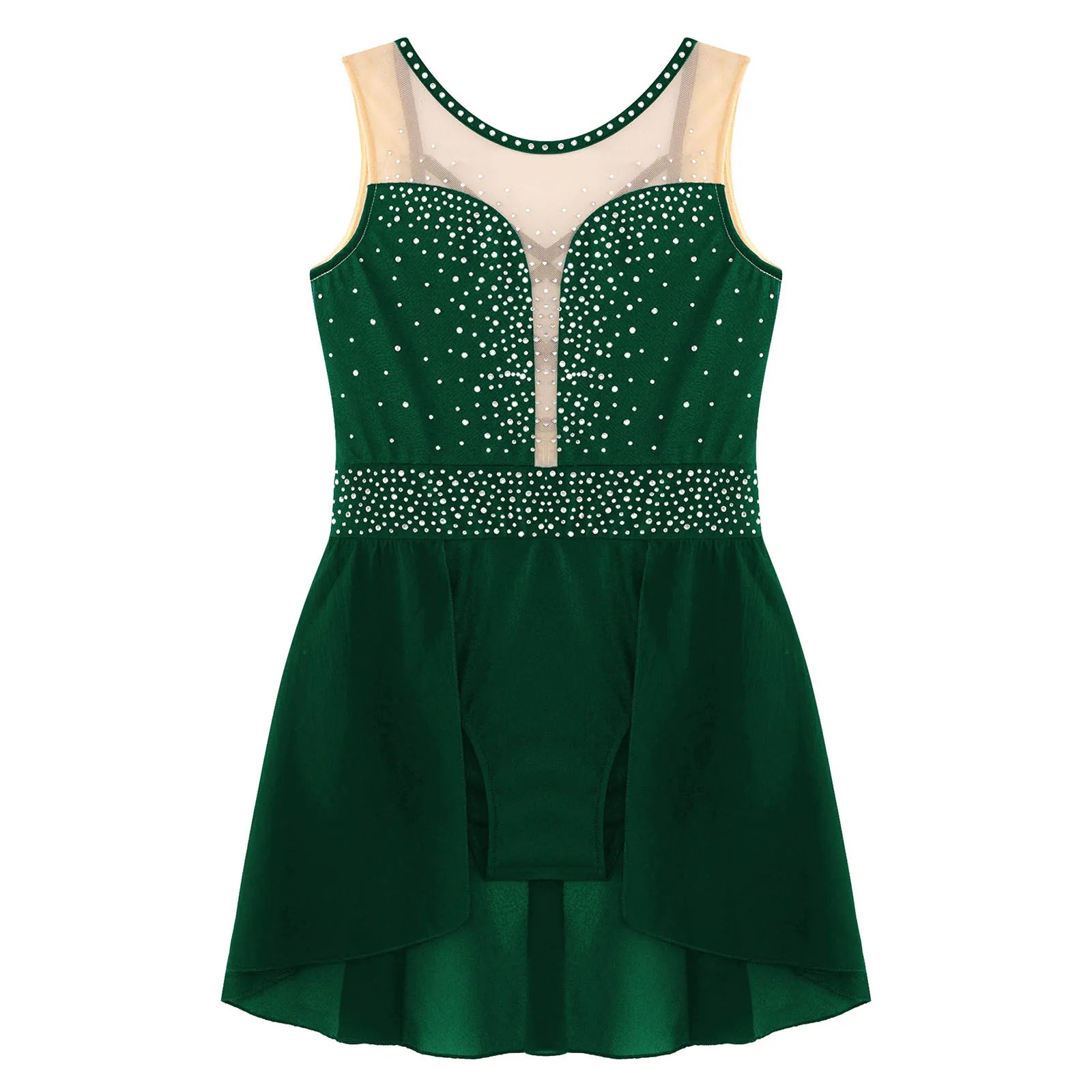 Rhinestone Gymnastics Figure Skating Dress for Teen Girls Sleeveless Sheer Mesh Tutu Ballet Leotard Lyrical Performance Costume