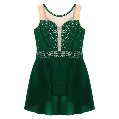Rhinestone Gymnastics Figure Skating Dress for Teen Girls Sleeveless Sheer Mesh Tutu Ballet Leotard Lyrical Performance Costume