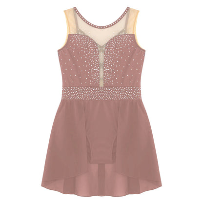 Rhinestone Gymnastics Figure Skating Dress for Teen Girls Sleeveless Sheer Mesh Tutu Ballet Leotard Lyrical Performance Costume