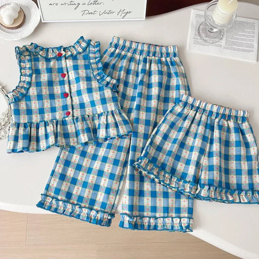Girls Plaid Print Sleeveless Top & Wide Leg Pants & Shorts Set (Age 3-7 YRS)
