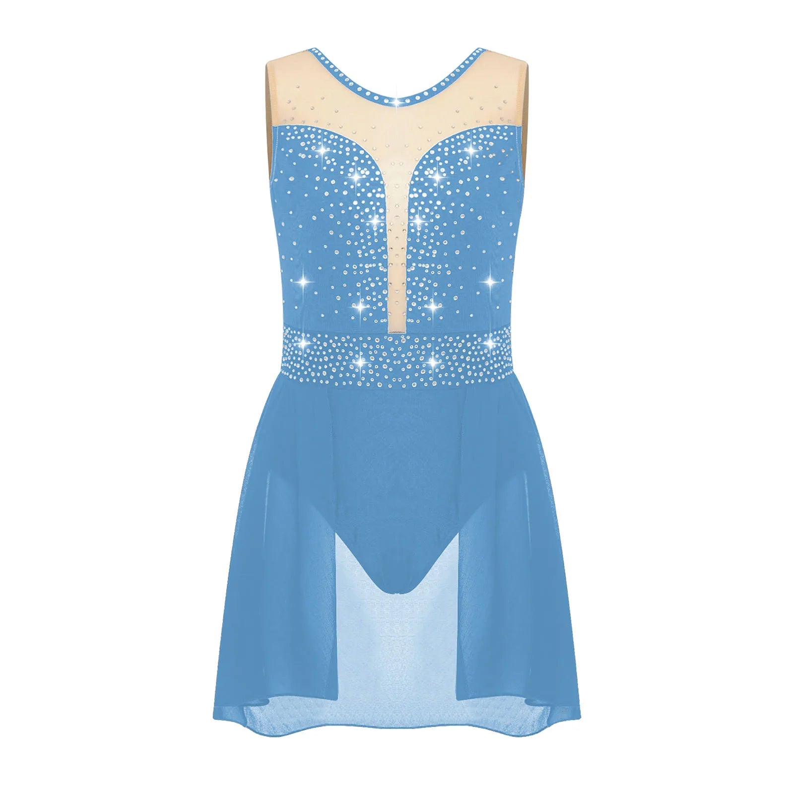 Rhinestone Gymnastics Figure Skating Dress for Teen Girls Sleeveless Sheer Mesh Tutu Ballet Leotard Lyrical Performance Costume
