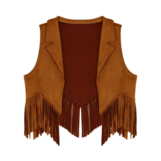 Girls Western Cowboy Suede Open Front Tassels Waistcoat (Age 6-16YRS)