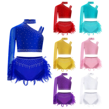 Girls Gymnastics Dance Performance Costume Rhinestone Crop Top With Feather Shorts Set (Age 6-16YRS)