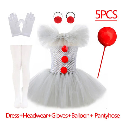 Girls Gray Joker Tutu Costume – Handmade Mesh Dress for Halloween & Cosplay | Ages 2–12Y 5PCS Gray Joker