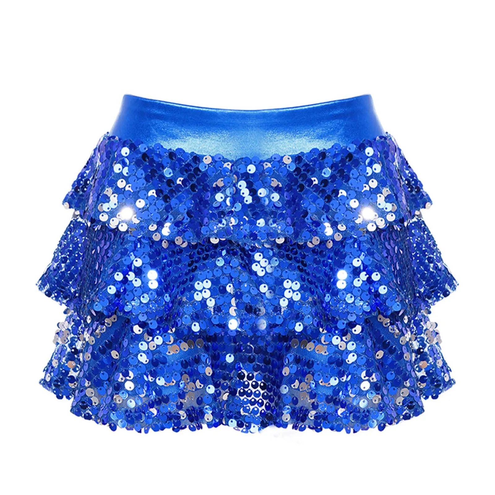 Girls Tiered Ruffle Dance Metallic Shiny Shorts (Age 4-16 YEARS) Royal Blue
