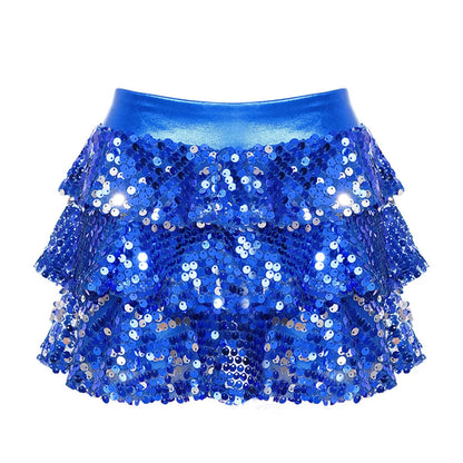 Girls Tiered Ruffle Dance Metallic Shiny Shorts (Age 4-16 YEARS) Royal Blue