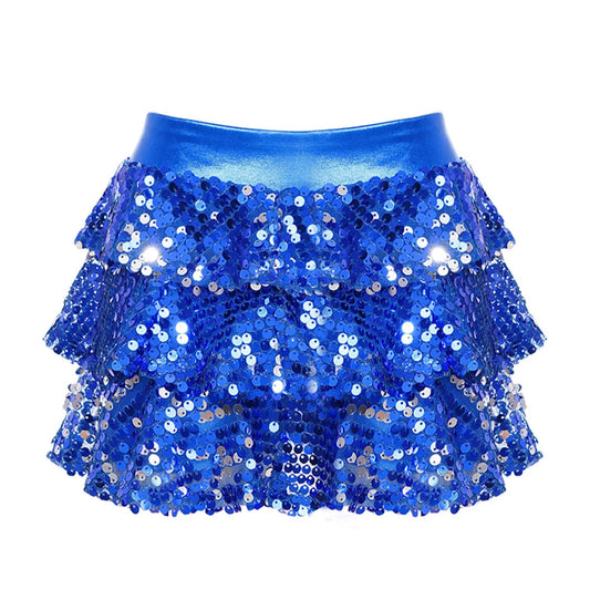 Girls Tiered Ruffle Dance Metallic Shiny Shorts (Age 4-16 YEARS) Royal Blue