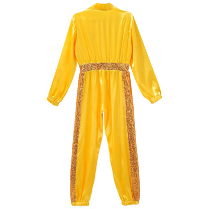Girls Sequin Satin m Long Sleeve Zipper Jumpsuit (Age 6-16 YRS)