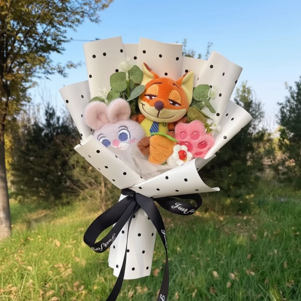Zootopia Plush Bouquet – Judy Hopps & Nick Wilde | Handmade Plush Flower Arrangement • Birthday, Christmas & Valentine’s Gift 1-32cm