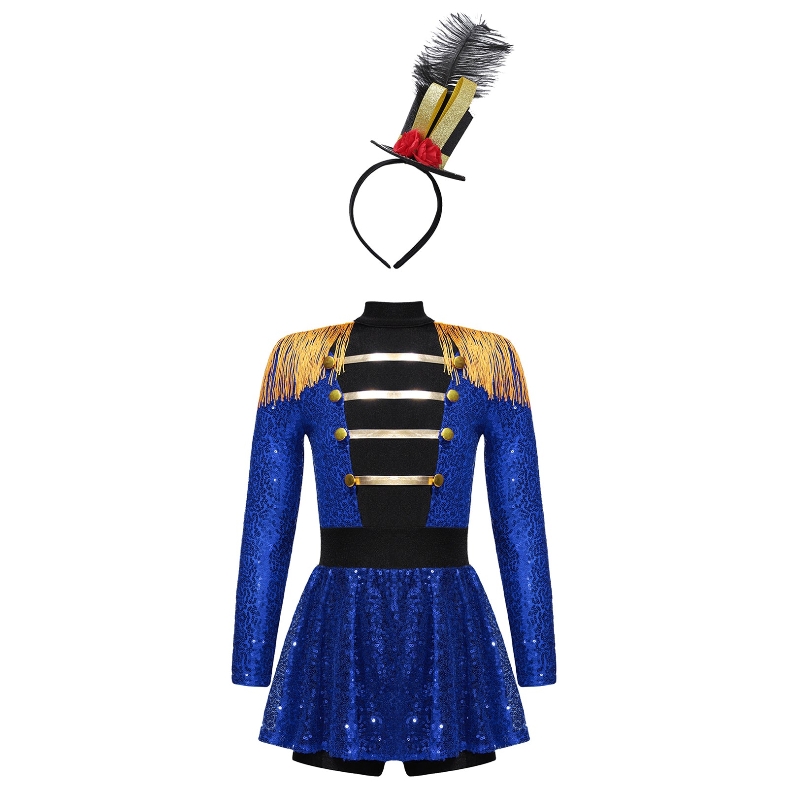 Girls Halloween Circus Ringmaster Costume Long Sleeve Sequin Leotard Dress (Age 6-14YRS)