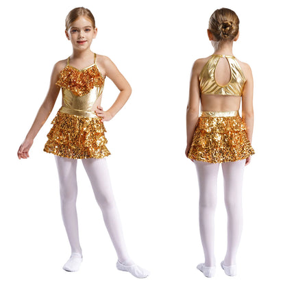 Girls Sequin Dance Sleeveless Cutout Tiered Ruffle Metallic Leotard Dress (Age 6-16 YRS) Gold