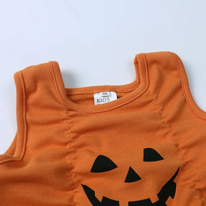 Toddler Girls Halloween Pumpkin Outfit – 3PC Romper, Dress & Headband Set | Ages 6M–3Y