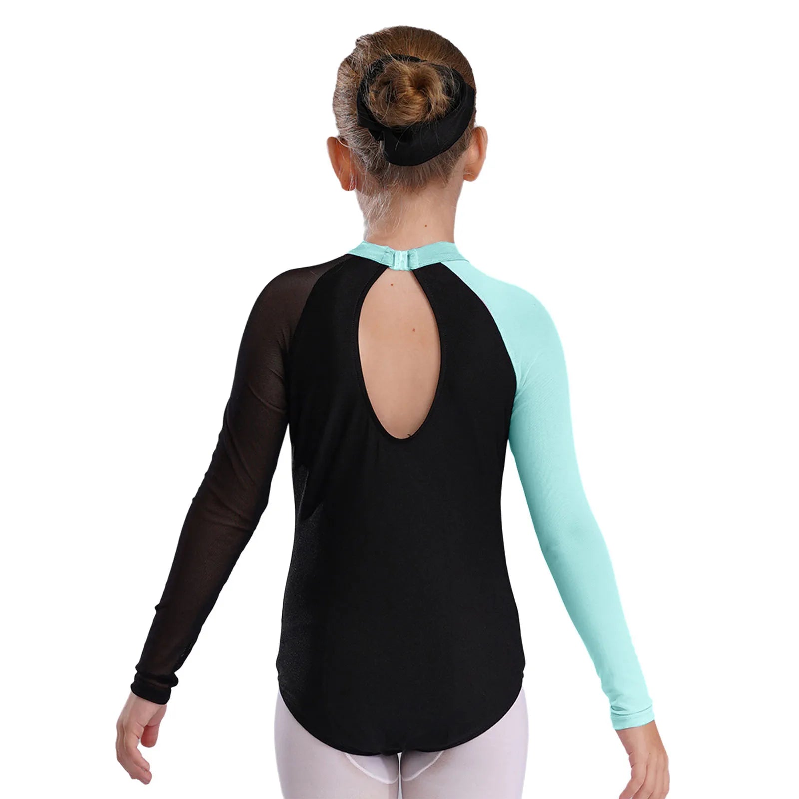 Girls Ballet Dance Leotard Gymnastics Rhinestones Sheer Mesh Long Sleeve (Age 4-16 YRS)