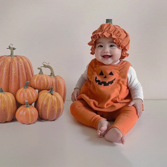 Toddler Girls Halloween Pumpkin Outfit – 3PC Romper, Dress & Headband Set | Ages 6M–3Y