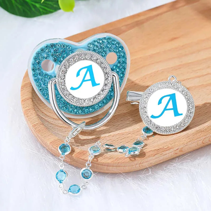 Baby Blue Zircon Rhinestone Luxury Pacifier Dummy Clip