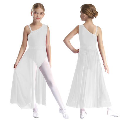 Girls Dance Costume Ballet Rhinestones Sleeveless Sheer Mesh Leotard Dress (Age 6-16 YRS) White