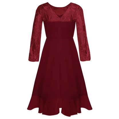 Girls Chiffon Long Sleeve High Waist Mesh Embroidery Dress (Age 8-16 YRS)