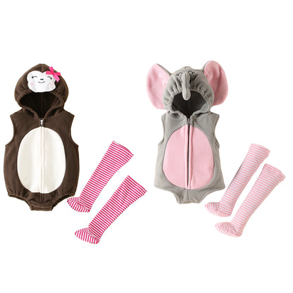 Baby Hooded Elephant/Monkey Sleeveless Zipper Romper (Age 9M-3 YRS)