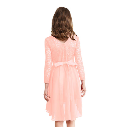 Girls Lace Chiffon Long Sleeve High-Rhinestone Sash Dress (Age 6-16 YRS)