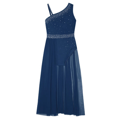 Girls Dance Costume Ballet Rhinestones Sleeveless Sheer Mesh Leotard Dress (Age 6-16 YRS)
