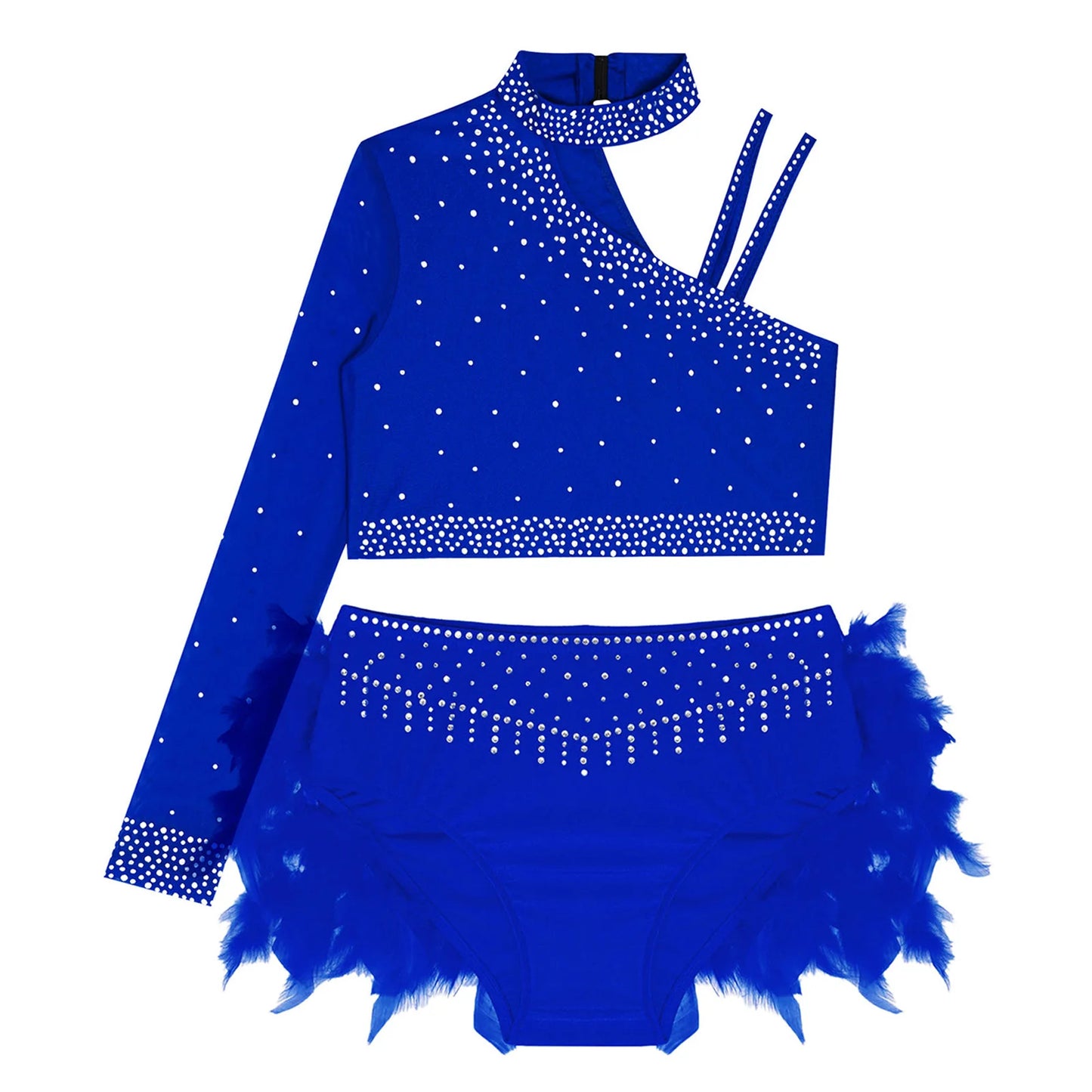 Girls Gymnastics Dance Performance Costume Rhinestone Crop Top With Feather Shorts Set (Age 6-16YRS)