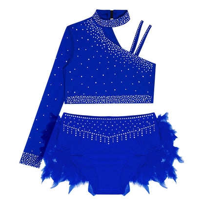 Girls Gymnastics Dance Performance Costume Rhinestone Crop Top With Feather Shorts Set (Age 6-16YRS)