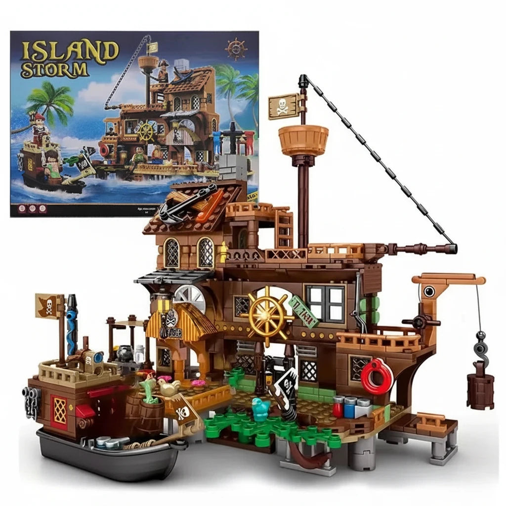 RiceBlock Island Storm Pirate Wharf Building Brick Set | Fortress, Ship & Adventure Scene