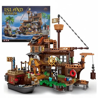 RiceBlock Island Storm Pirate Wharf Building Brick Set | Fortress, Ship & Adventure Scene