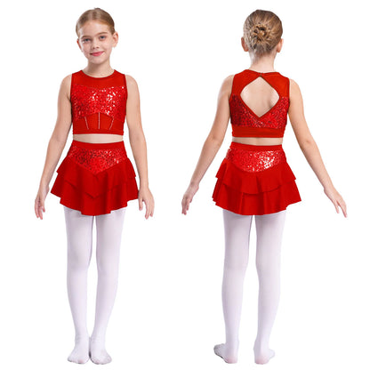 Girls Sequin Sheer Mesh Crop Top & Tiered Skirt Set (Age 6-16YRS)