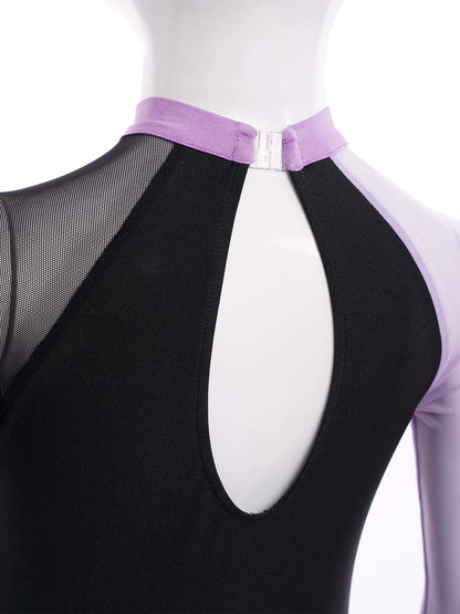 Girls Ballet Dance Leotard Gymnastics Rhinestones Sheer Mesh Long Sleeve (Age 4-16 YRS)