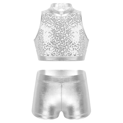Girls Dance Costume Sequin Crop Top & Shorts Set (Age 6-12 YRS)