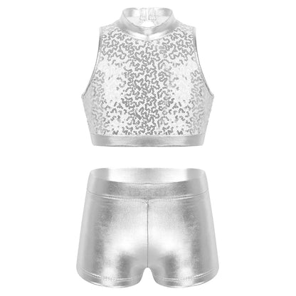 Girls Dance Costume Sequin Crop Top & Shorts Set (Age 6-12 YRS)