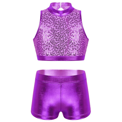 Girls Dance Costume Sequin Crop Top & Shorts Set (Age 6-12 YRS)