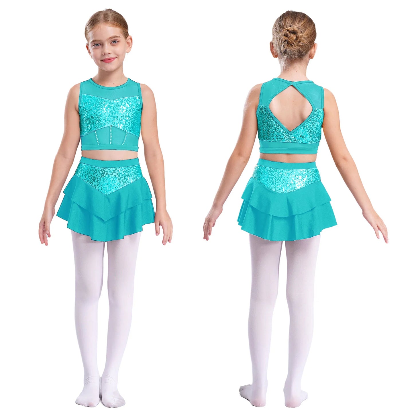 Girls Sequin Sheer Mesh Crop Top & Tiered Skirt Set (Age 6-16YRS)