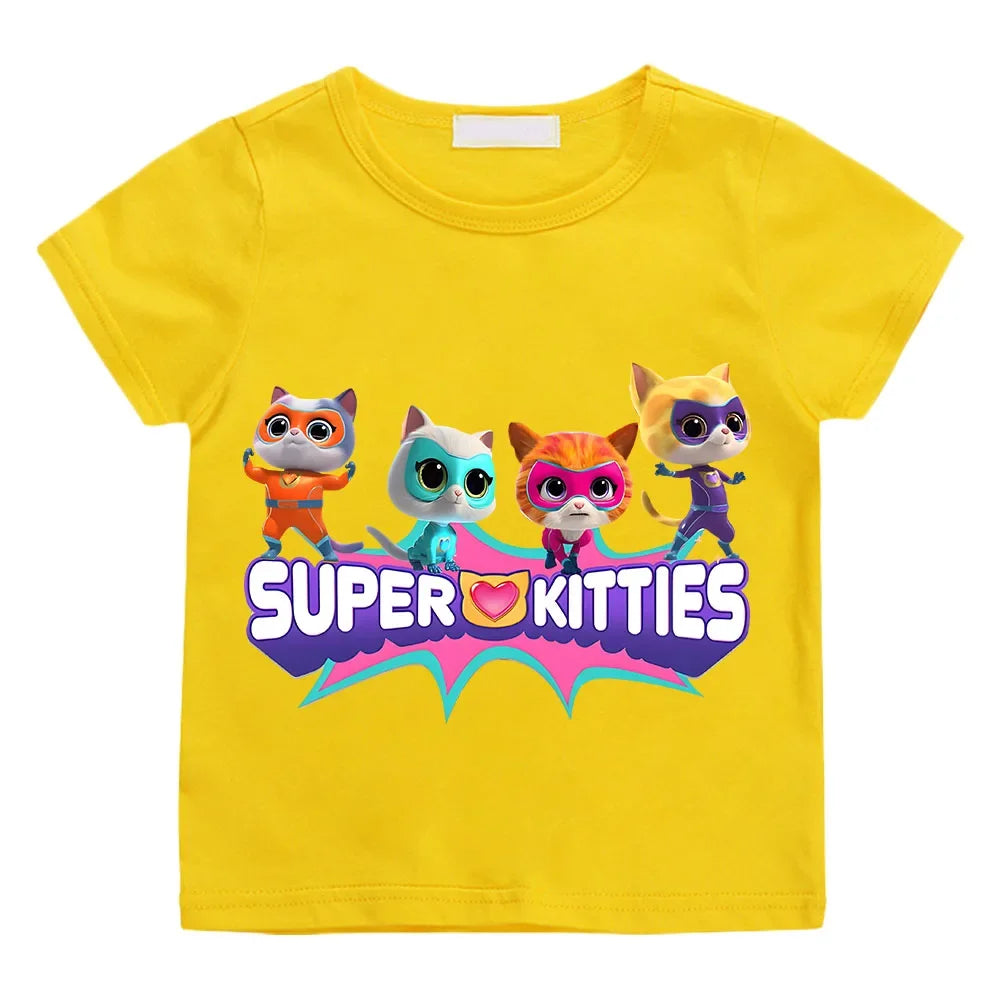 SuperKitties Cartoon Printed Summer Top – 100% Pure Cotton T-Shirt | Short Sleeves | Ages 2–12 Yellow
