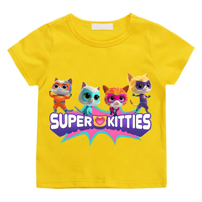 SuperKitties Cartoon Printed Summer Top – 100% Pure Cotton T-Shirt | Short Sleeves | Ages 2–12 Yellow