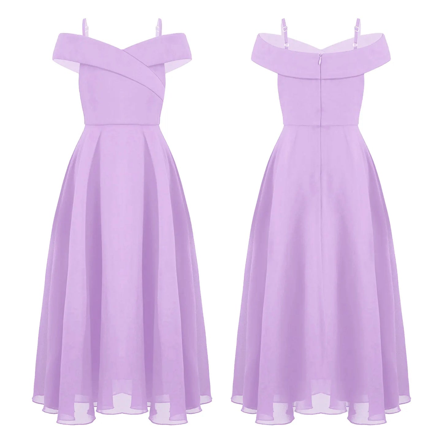 Girls Chiffon Off-the-Shoulder Adjustable A-Line Dress (Age 4-16 YRS) Lavender